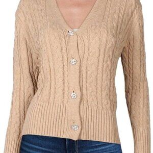 Anne Klein Cable Knit Cardigan Beige Sweater With Rhinestone Buttons-Size 1X,NWT
